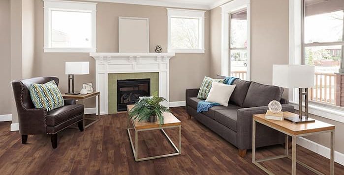vinyl flooring for living room with brown sofa bed and two coffee tables